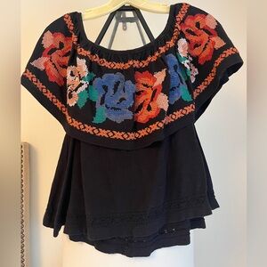 Free People XS Embroidered Floral Off-Shoulder Top
